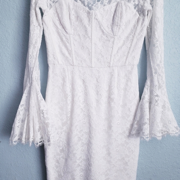 BCBGmaxazria Salina White Corset All Over Lace Bell Sleeve Mini Dress - Picture 4 of 12